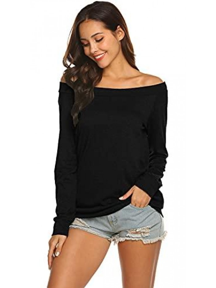 Women's Long Sleeve Boat Neck Off Shoulder Blouse Tops 