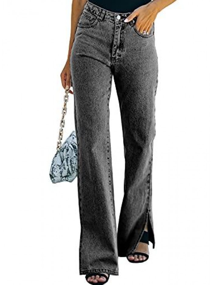 Women Mid Rise Distressed Flare Jeans Ripped Hole Denim Pants 