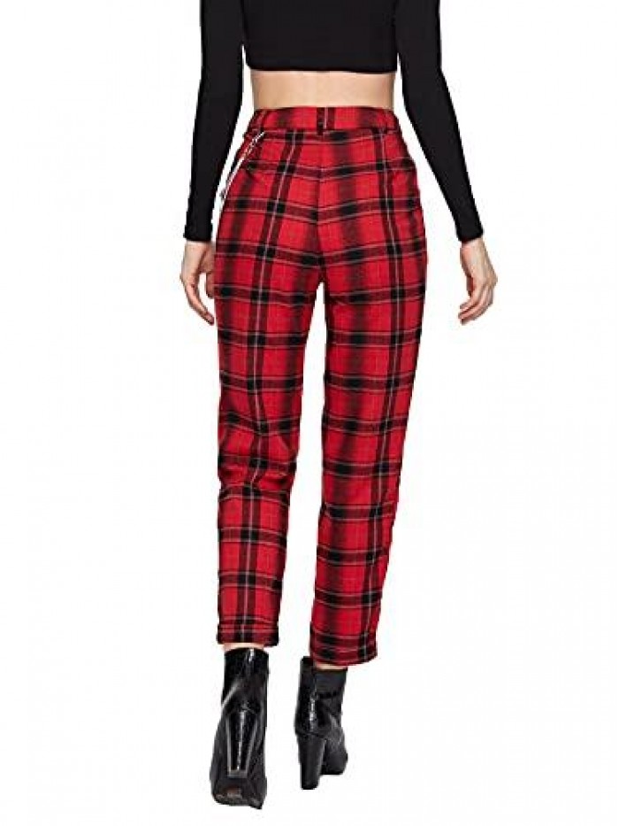 Women's Tartan Plaid Mid Waist Straight Pants 