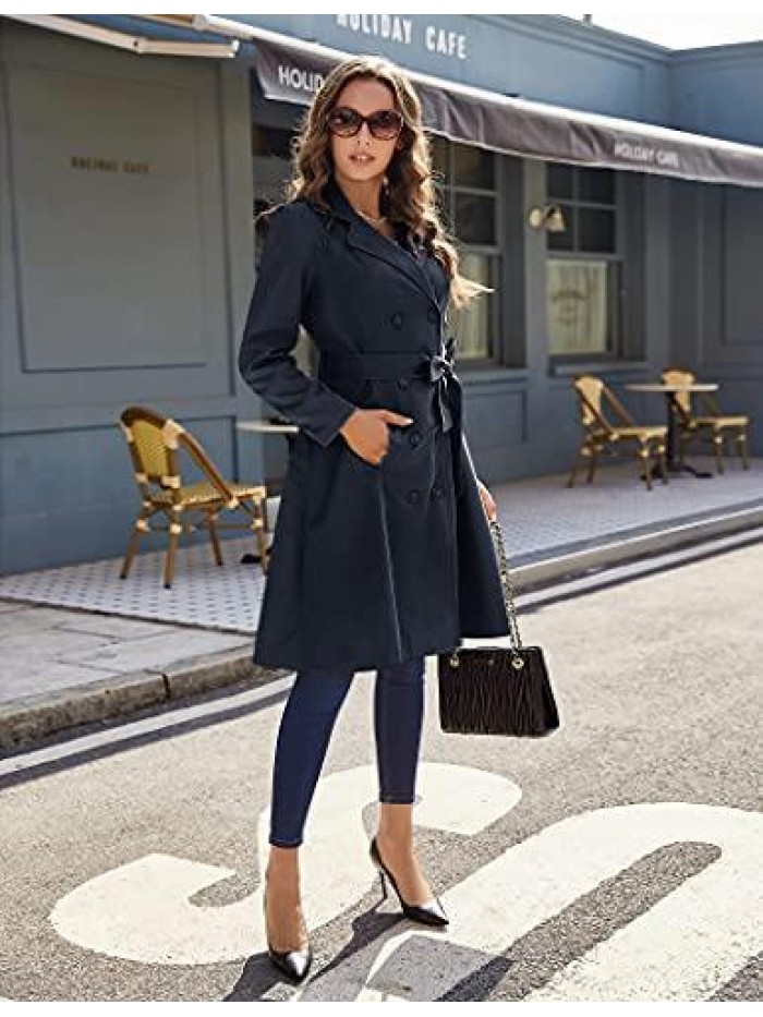 Women's Trench Coats Double-Breasted Long Coat with Belt 