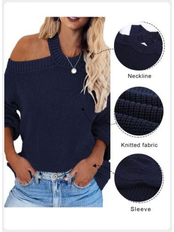 Womens Knit Cold Shoulder Sweaters Long Sleeve Crewneck Backless Jumper Tops 