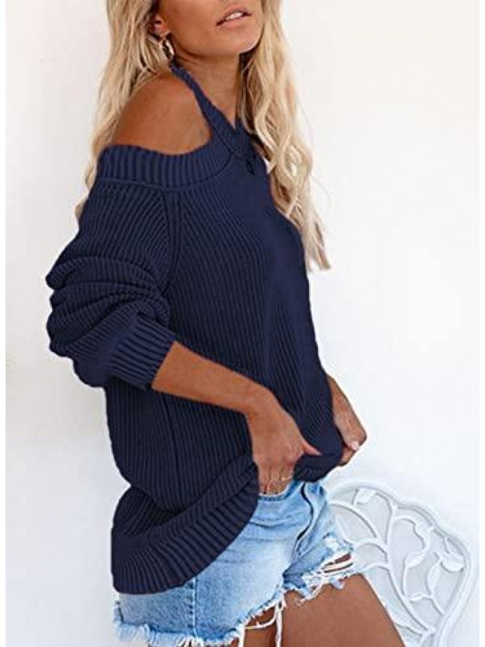 Womens Knit Cold Shoulder Sweaters Long Sleeve Crewneck Backless Jumper Tops 