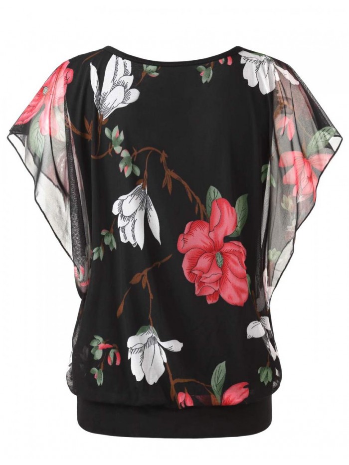 Women's Printed Flouncing Flared Short Sleeve Mesh Blouse Top 