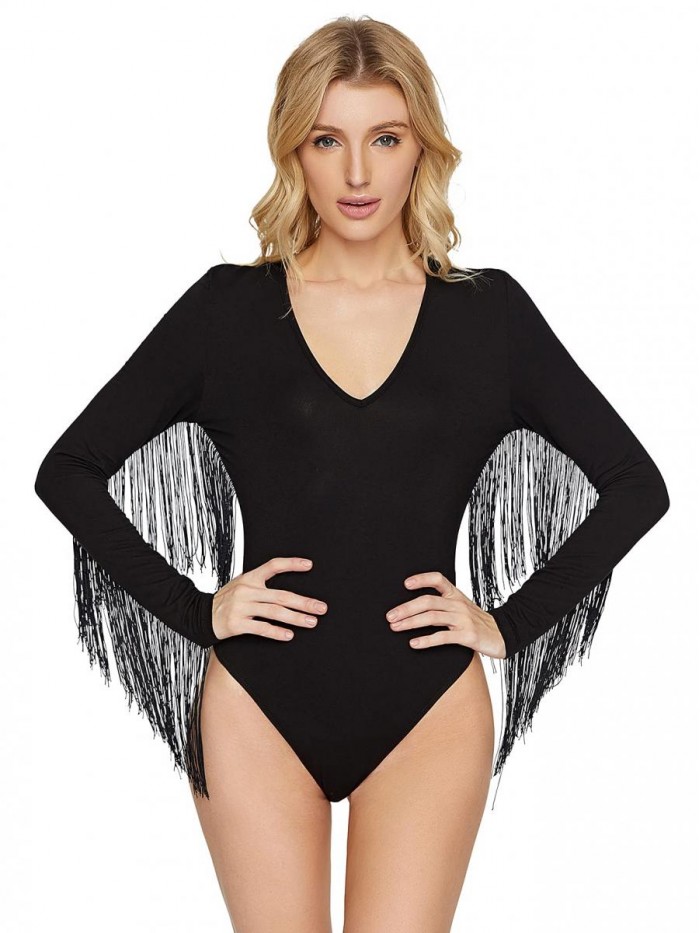 Women's Fringe Trim V Neck Long Sleeve Bodysuit Top 