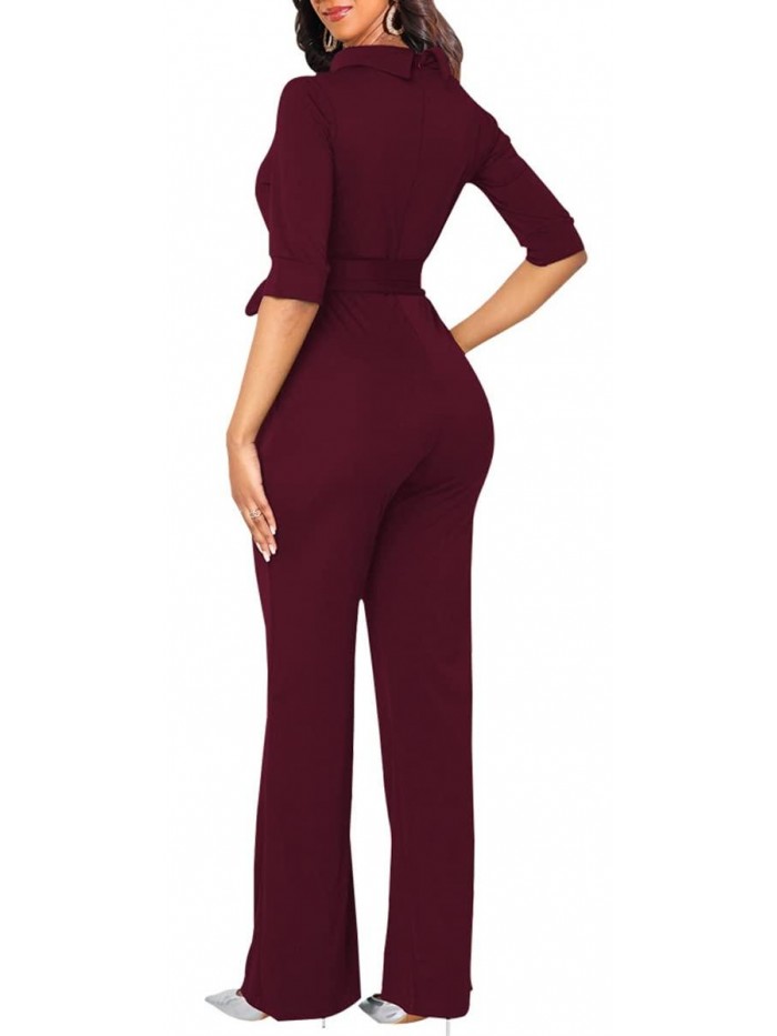 Elegant Jumpsuits Dressy Long Sleeve Straight Long Pants Rompers with Pockets 