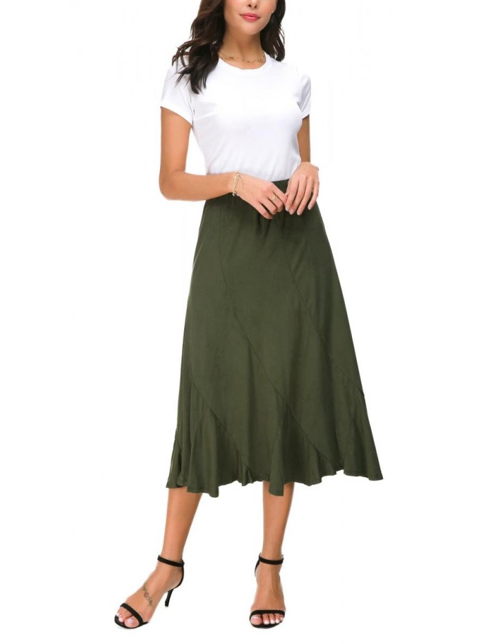 Women's Elegant Ankle Length Ruffle Hem Elastic Waist Midi Skirt 