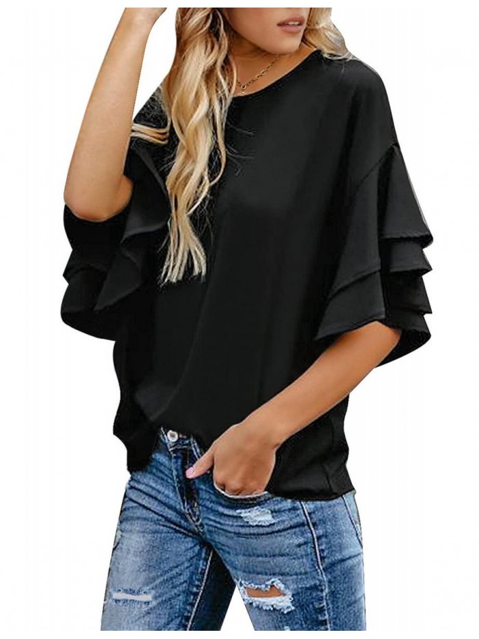 Women's Casual 3/4 Tiered Bell Sleeve Crewneck Loose Tops Blouses Shirt 