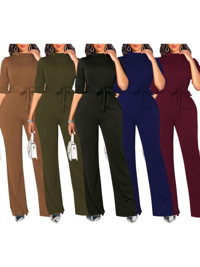 Elegant Jumpsuits Dressy Long Sleeve Straight Long Pants Rompers with Pockets 