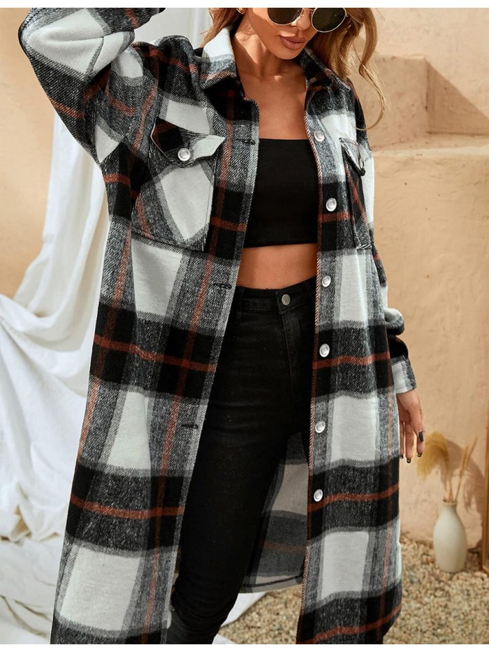 Women's Casual Plaid Wool Blend Shacket Button Shirt Long Jacket Coat 