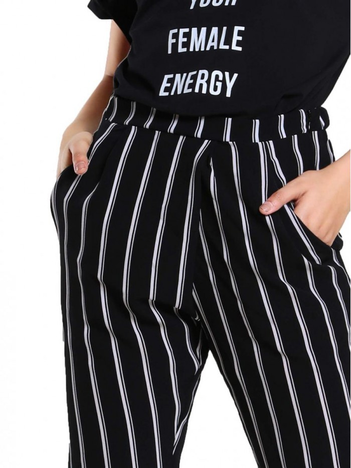 Women's Striped Elastic High Waist Slim Fit Loose Casual Long Pants 