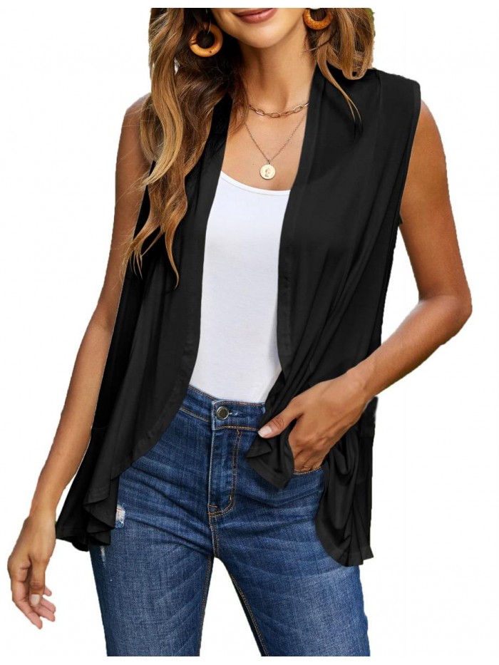 Women's Sleeveless Draped Open Front Cardigan Ruffles Hem Vest 