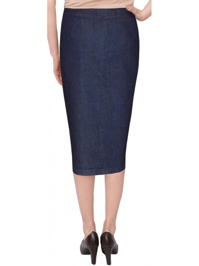 Women's Basic Below The Knee Stretch Denim Pencil Skirt 