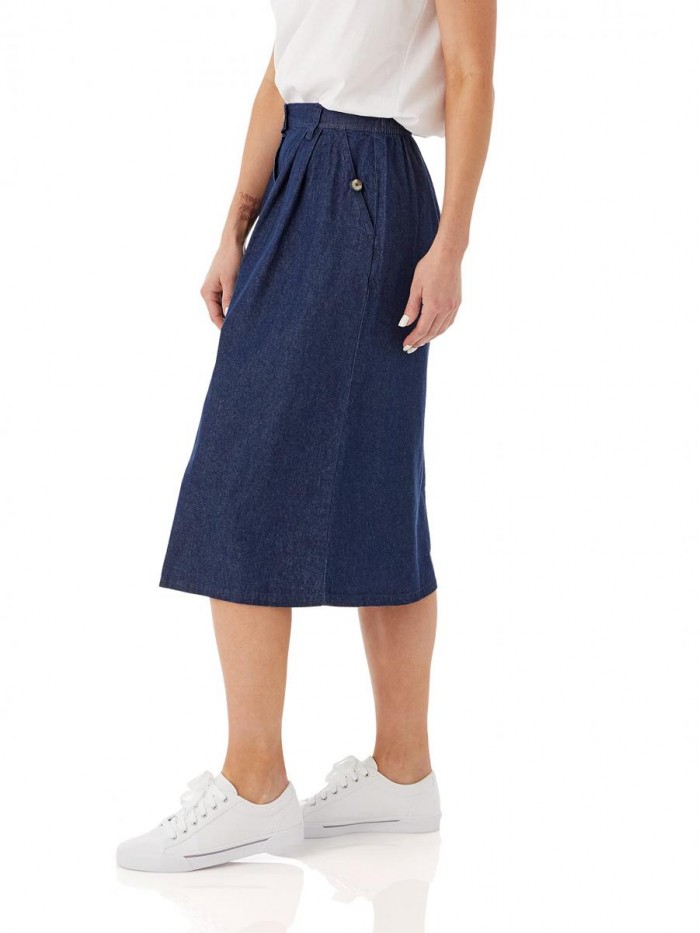 Women's Denim Button-Front Skirt – Cotton Midi Skirt w/Elastic Waist 