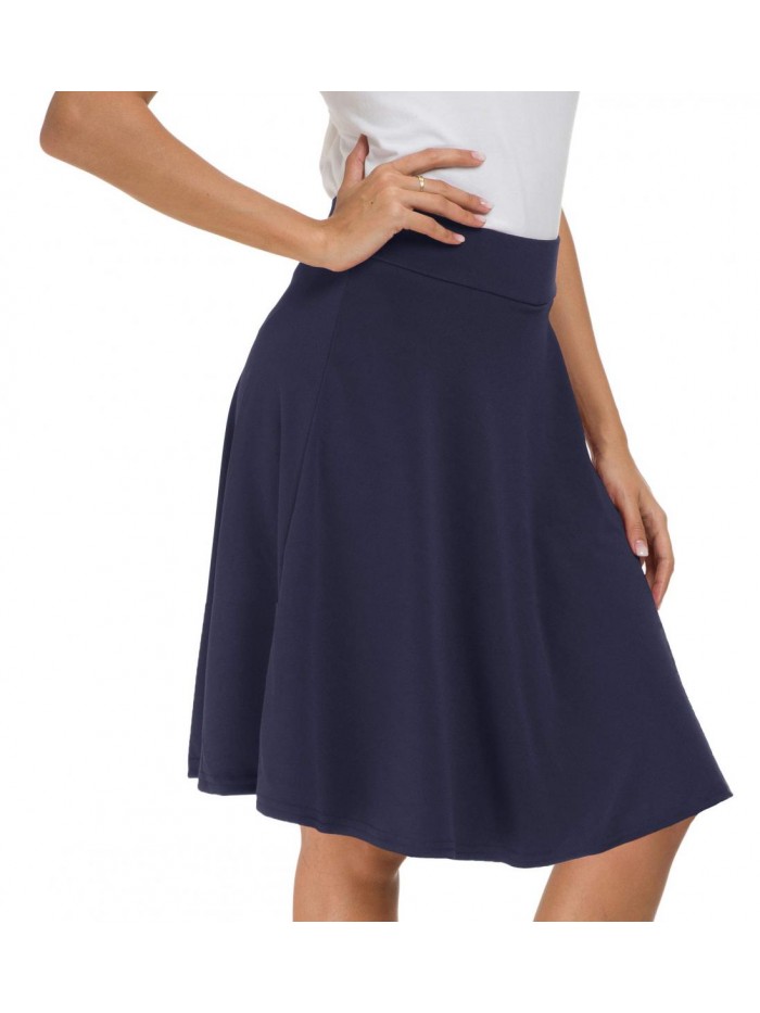 Womens Stretch Waist A-line Flared Skater Midi Skirt 