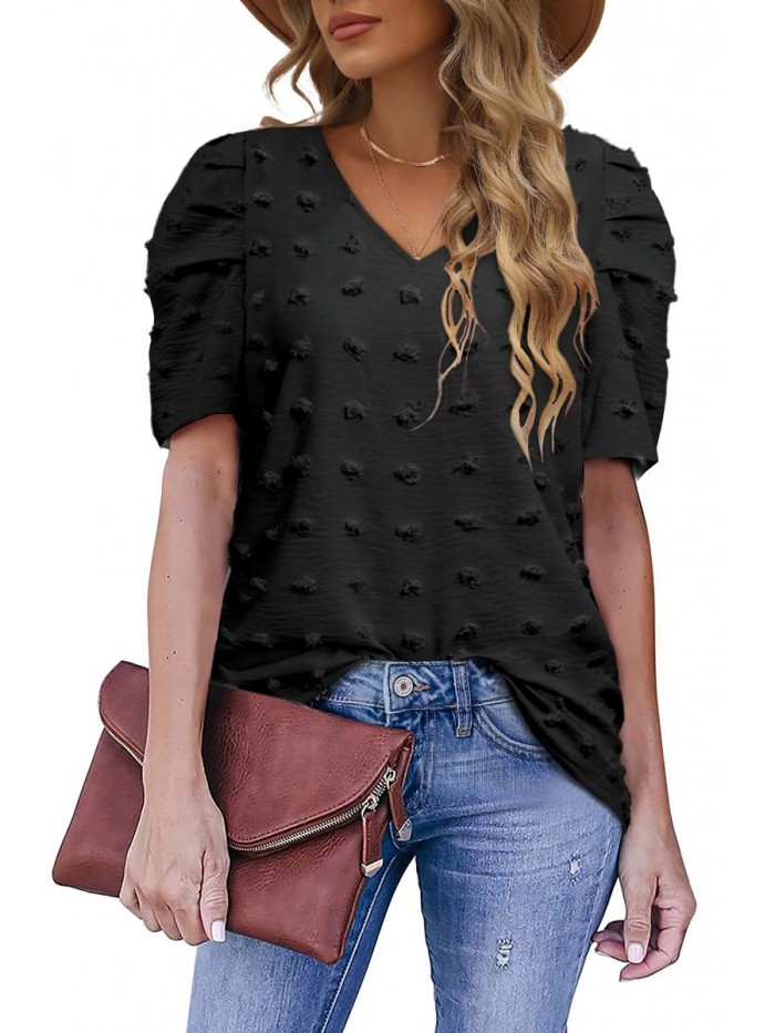 Short Sleeve Tshirts for Women Chiffon V Neck Blouses Cute Puff Sleeve Tops 