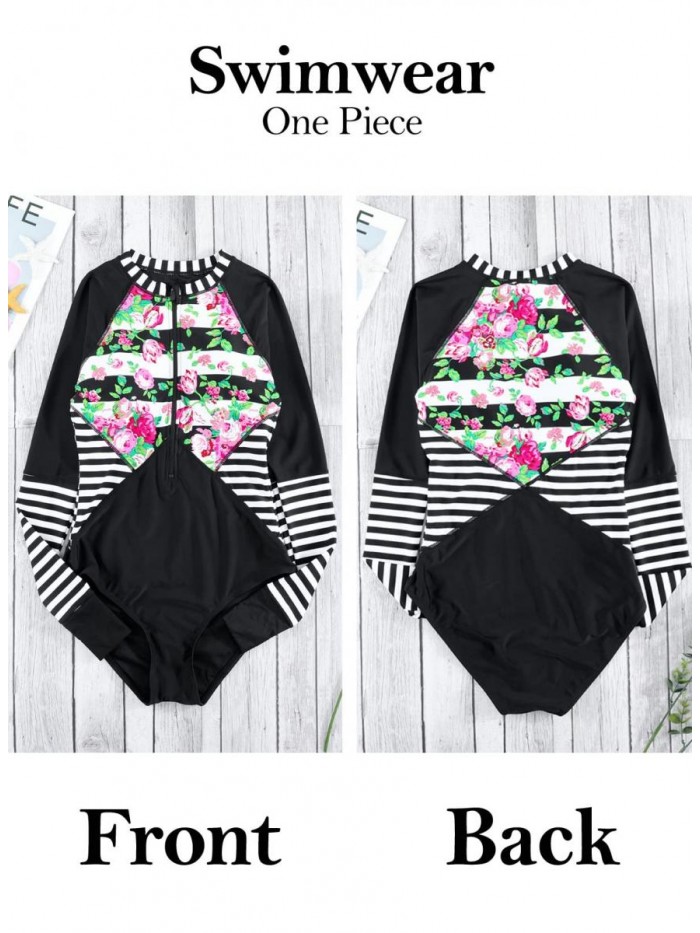 Womens Summer Beach Printed Zip Front Maillot One Piece Swimsuit Swimwear 