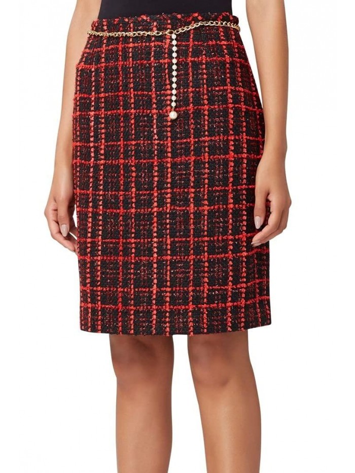 Women's Boucle Check Pencil Skirt with Chain Belt  