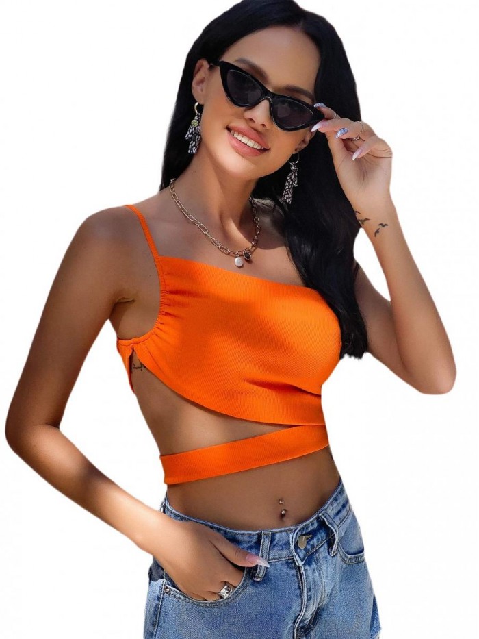 Women's One Shoulder Sleeveless Cut Out Ruched Bandage Crop Top 