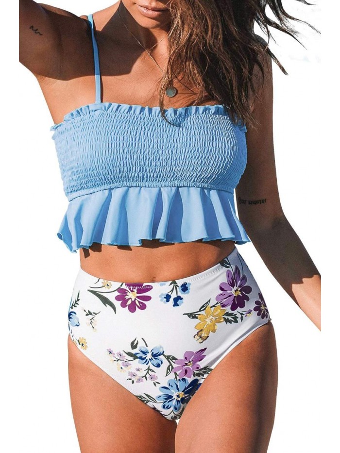 Women's High Waist Bikini Swimsuit Ruffle Two Piece Bathing Suit 