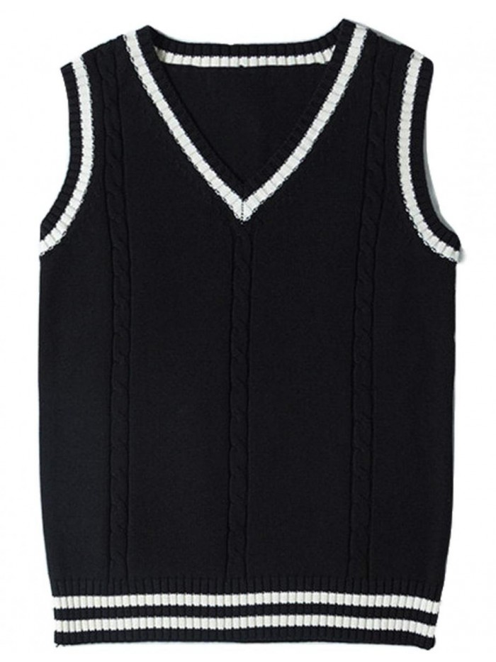 Women's V Neck Sweater Vest Uniform Cable Knit Sleeveless Sweater 