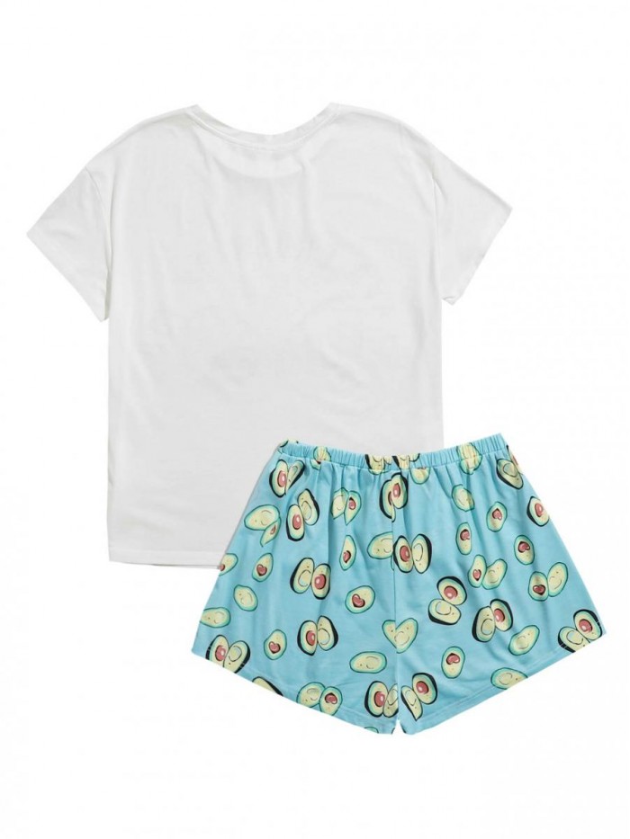 Women's Cute Cartoon Print Tee and Shorts Pajama Set 