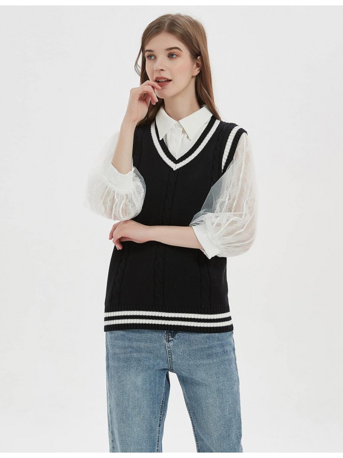 Women's V Neck Sweater Vest Uniform Cable Knit Sleeveless Sweater 