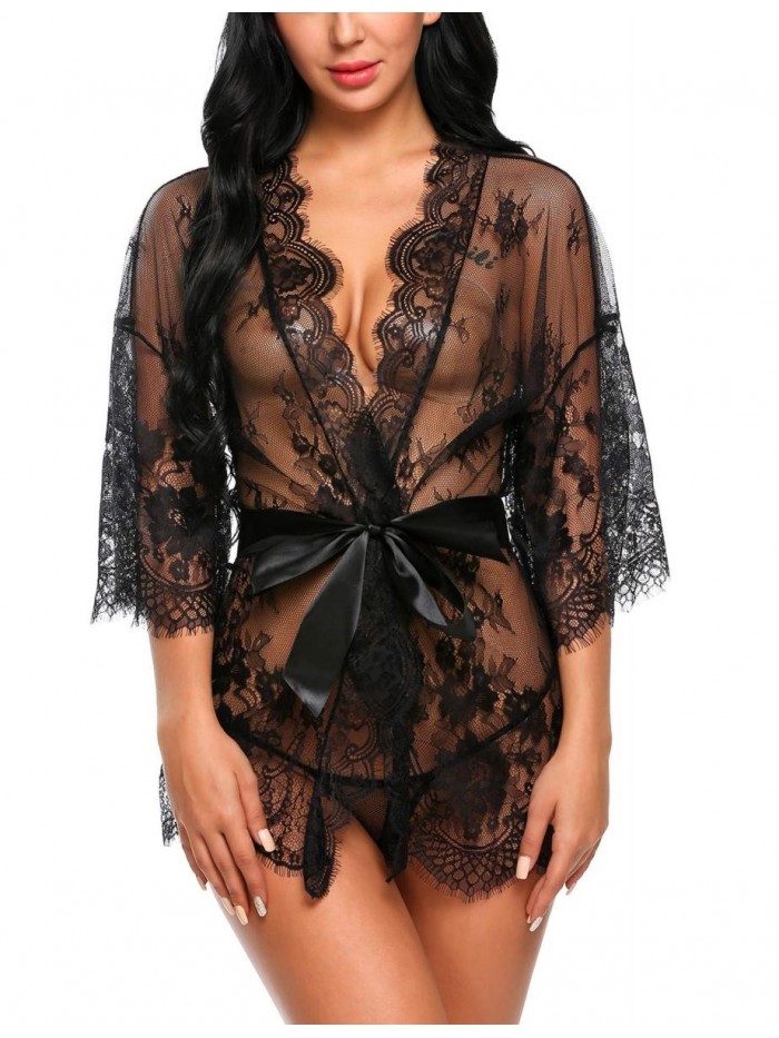 Women's Lace Kimono Robe Babydoll Lingerie Mesh Nightgown S-5XL 