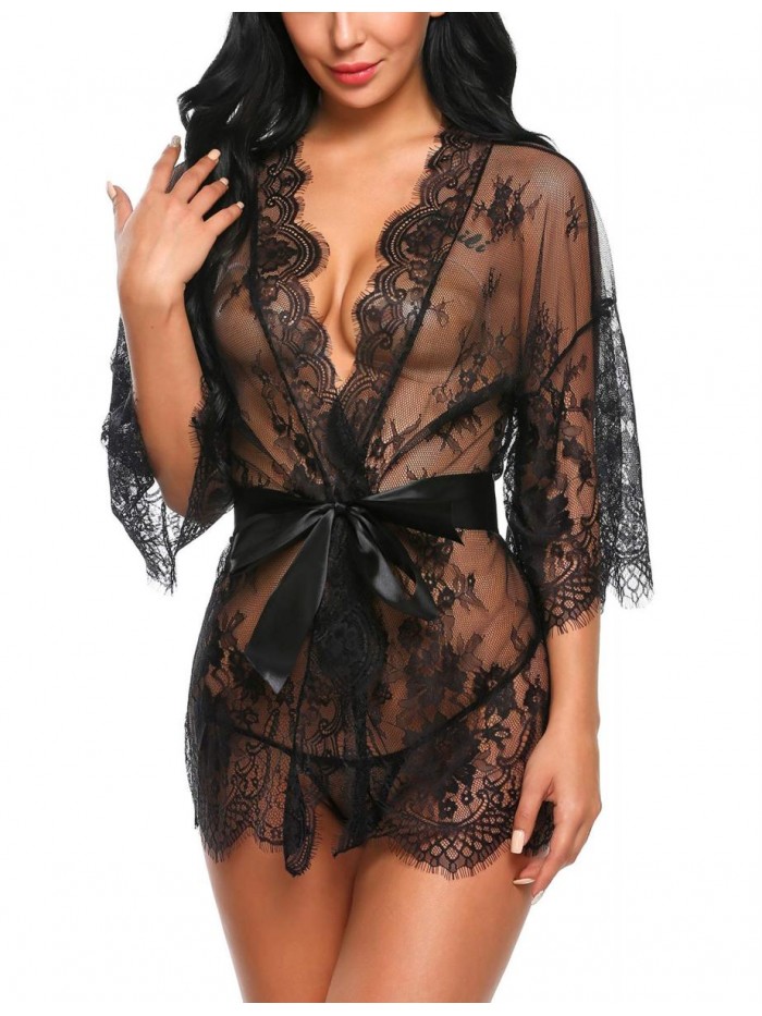 Women's Lace Kimono Robe Babydoll Lingerie Mesh Nightgown S-5XL 