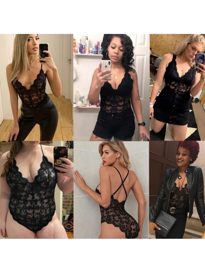 Women One Piece Lingerie Deep V Teddy Sexy Lace Bodysuit 