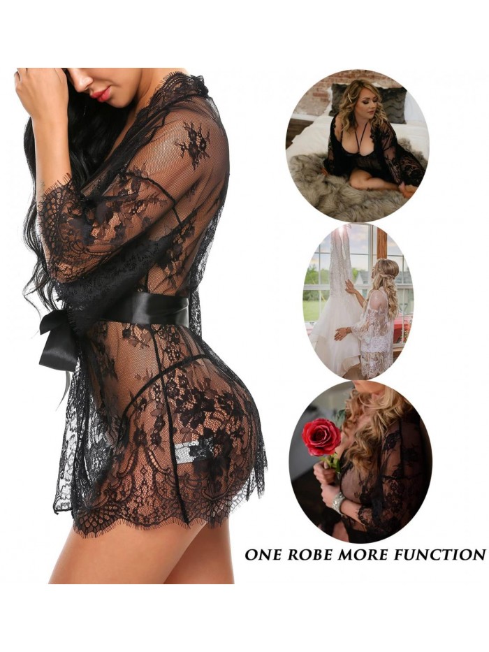 Women's Lace Kimono Robe Babydoll Lingerie Mesh Nightgown S-5XL 