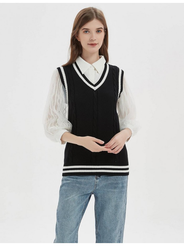 Women's V Neck Sweater Vest Uniform Cable Knit Sleeveless Sweater 