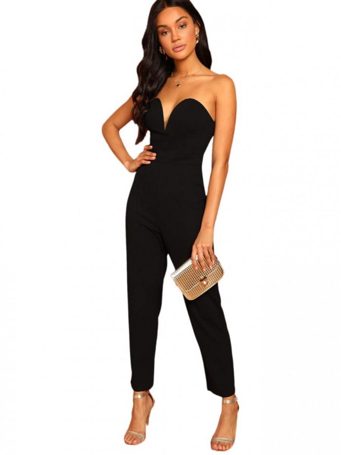 Women's Elegant Sweetheart Neck Strapless Stretchy Party Romper Jumpsuit 