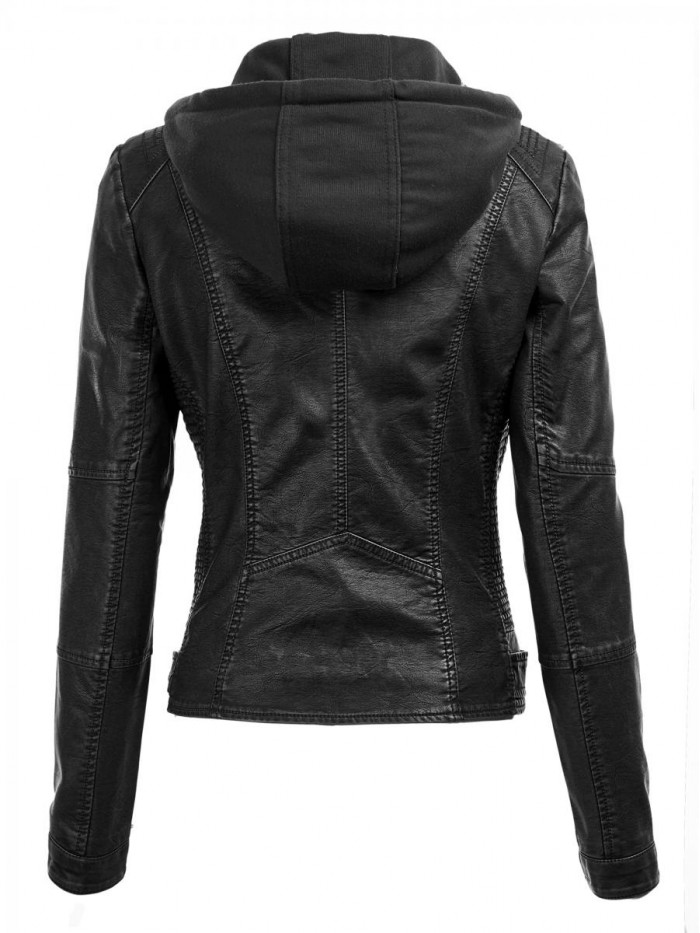 and Love Women's Removable Hooded Faux Leather Jacket Moto Biker Coat 