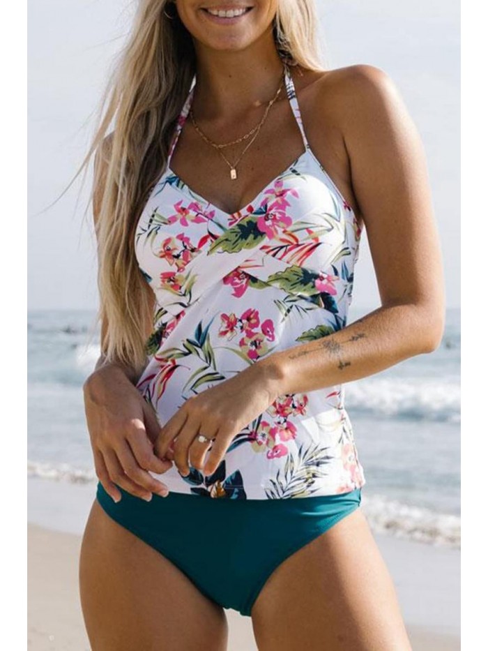 Cross Front Swimsuits Halter Neck Flower Print Tankini Sets 