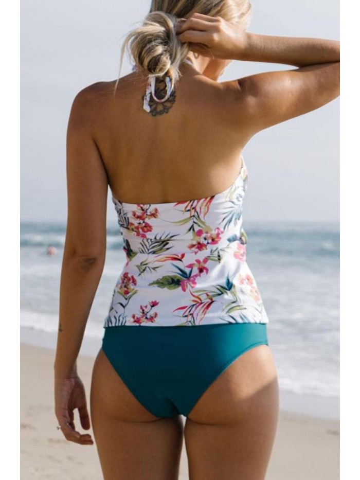 Cross Front Swimsuits Halter Neck Flower Print Tankini Sets 