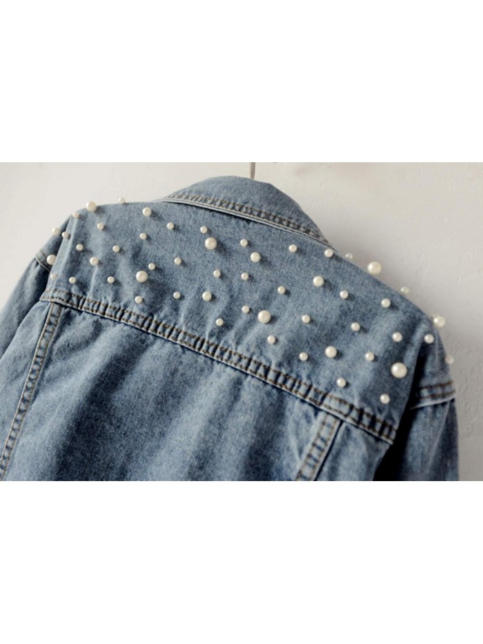 Women Oversized Denim Jacket Embroidered Pearls Beading Jeans Coat 