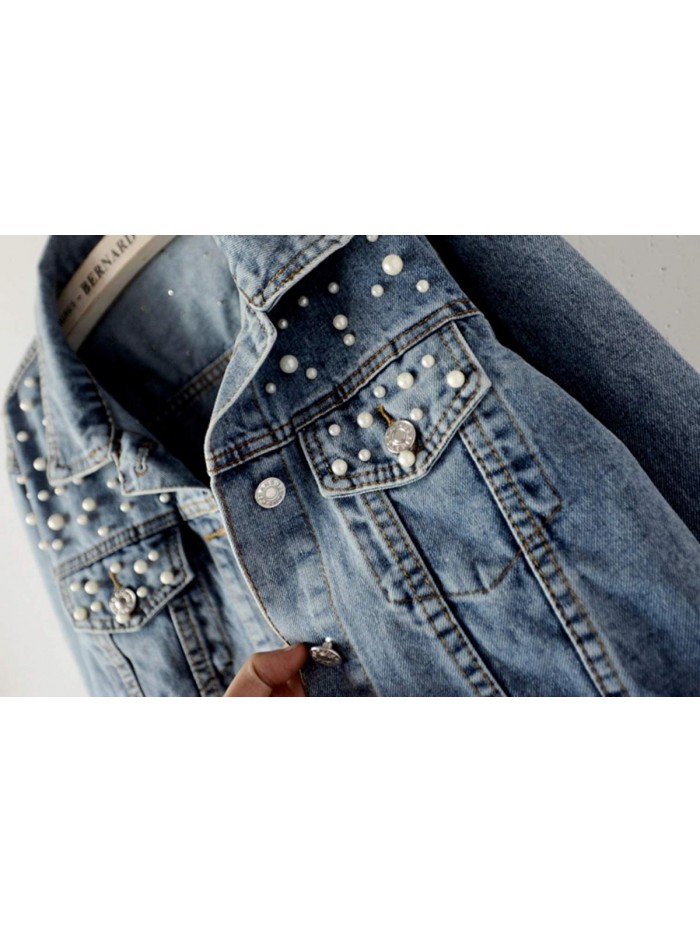 Women Oversized Denim Jacket Embroidered Pearls Beading Jeans Coat 