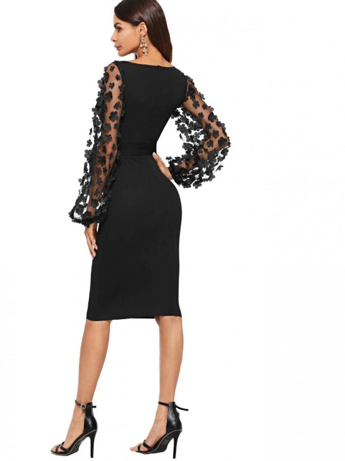 Women's Elegant Mesh Contrast Bishop Sleeve Bodycon Pencil Dress 