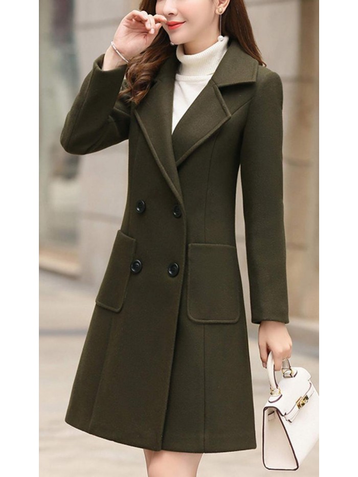 Women Elegant Notched Collar Double Breasted Wool Blend Over Coat 