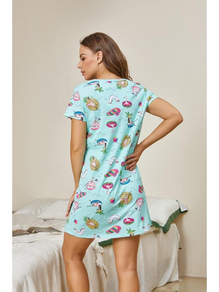 Women's Cotton Nightgown Sleepwear Short Sleeves Shirt Casual Print Sleepdress 