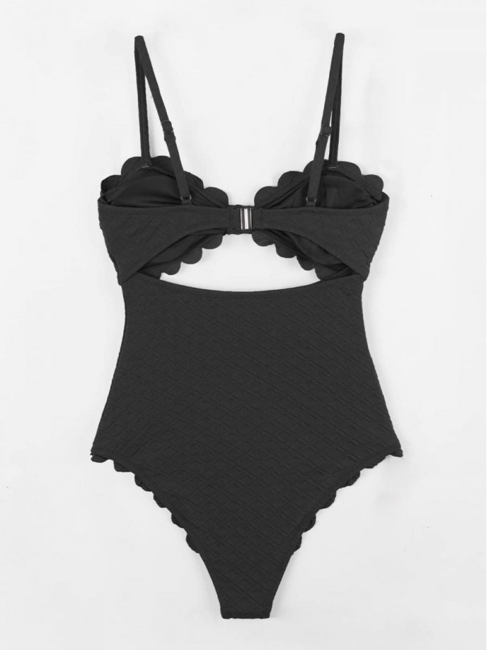 Women's One Piece Swimsuit Sexy Black Cutout Scallop Trim Bathing Suit 