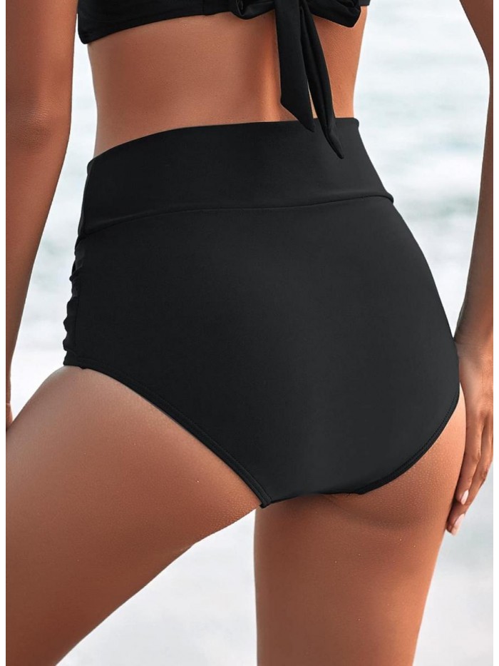 Women's High Waisted Swim Bottom Ruched Bikini Tankini Swimsuit Briefs 