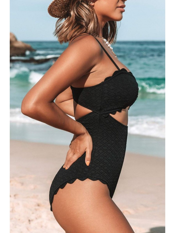 Women's One Piece Swimsuit Sexy Black Cutout Scallop Trim Bathing Suit 