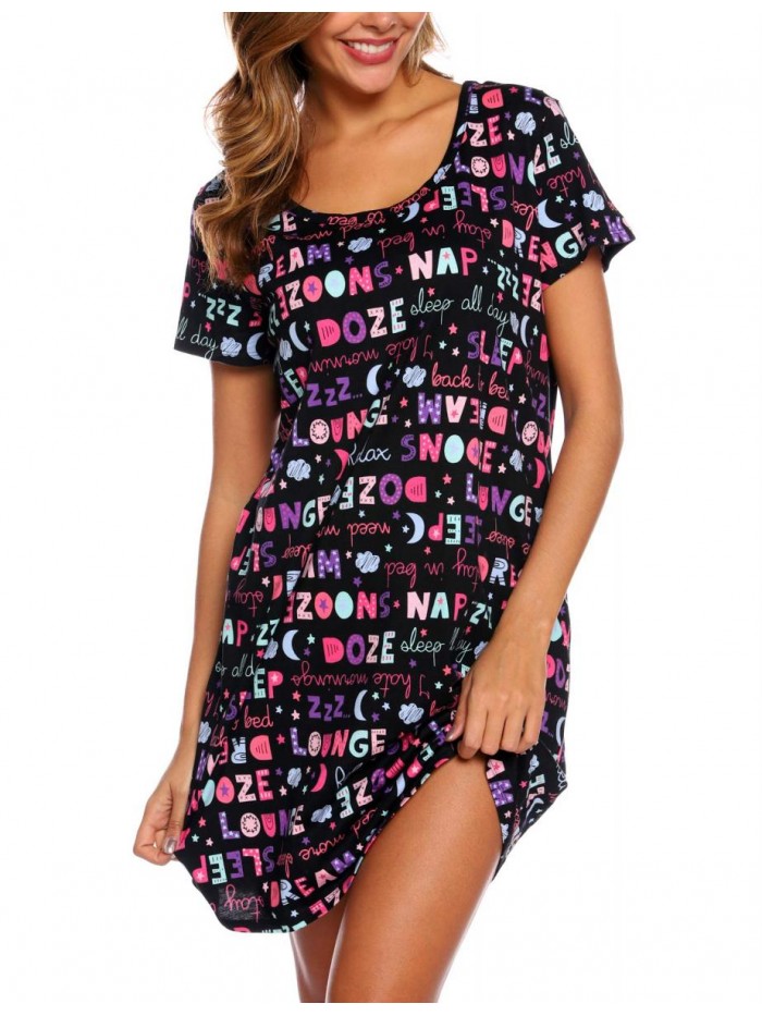 Women's Sleepwear Cotton Sleep Tee Short Sleeves Print Sleepshirt 