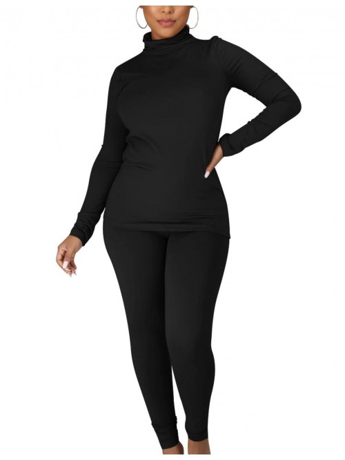 2 Piece Outfits Workout Tracksuit Long Sleeve Turt...