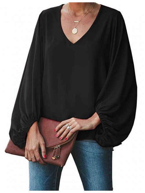 V Neck Chiffon Blouses Casual Balloon Sleeve Flora...