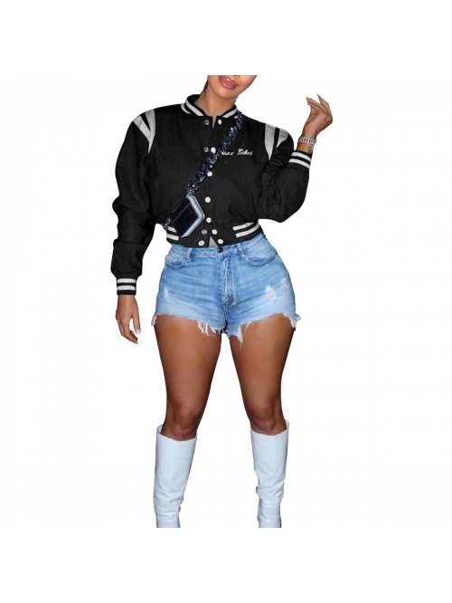 Crop Baseball Jacket Casual Retro Varsity Coat Let...