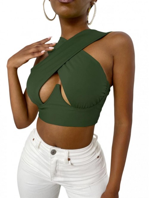 Women's Crisscross Cut Out Vest Halter Wrap Crop T...