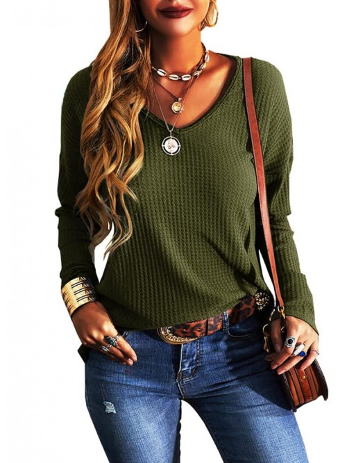 Women Casual V-Neck Long Sleeve Waffle Knit T-Shir...