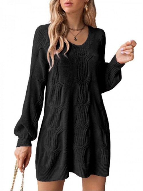 Womens Sweater Dress V Neck Cable Knitted Mini Dre...